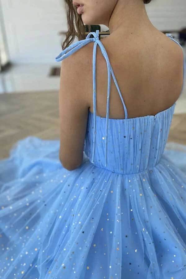Blaue Pailletten Tüll Tee Länge Kurze Ballkleider, Homecoming Kleider