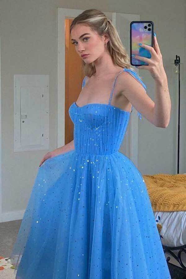 Blaue Pailletten Tüll Tee Länge Kurze Ballkleider, Homecoming Kleider