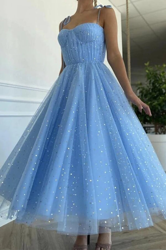 Vestidos de fiesta cortos de tul con lentejuelas azules y longitud hasta la rodilla, vestidos de bienvenida