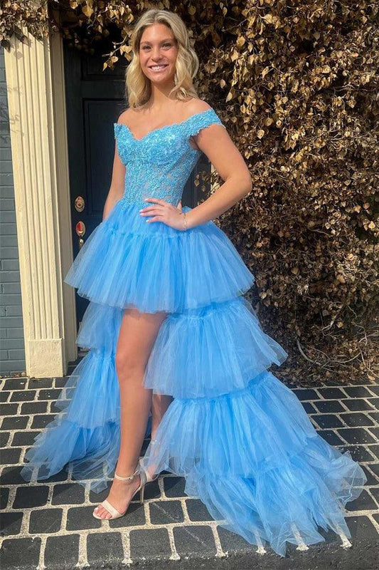 Tulle Lace Off-the-Shoulder High-Low Tiered Prom Dress