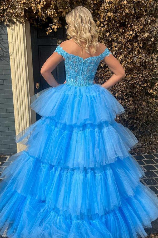 Schulterfreies High-Low-Ballkleid mit Stufen aus Tüllspitze