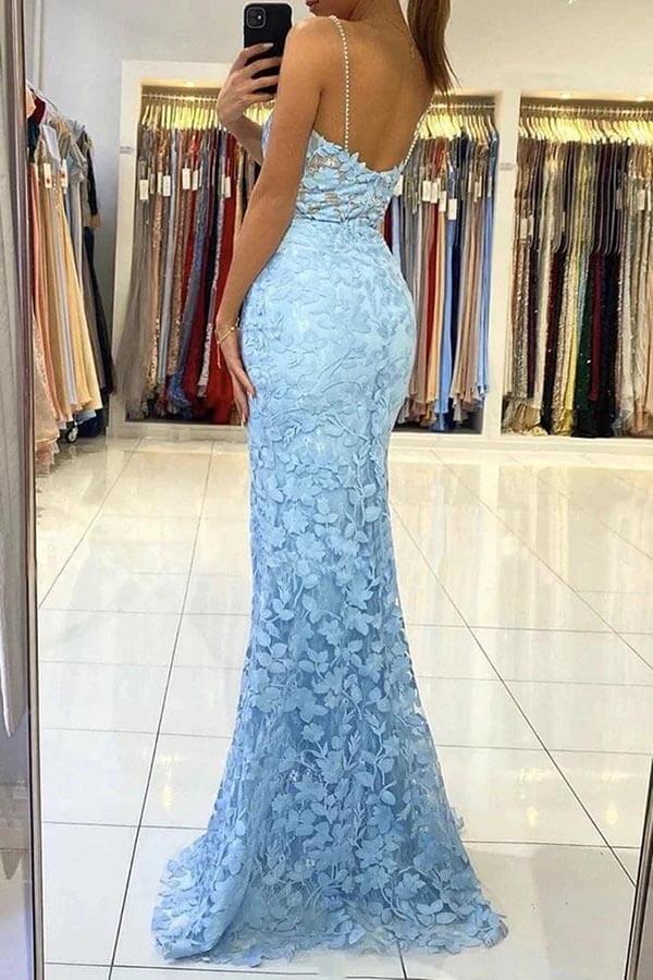 Vestido de fiesta largo de tul con escote en V y espalda descubierta, estilo sirena, con apliques de encaje