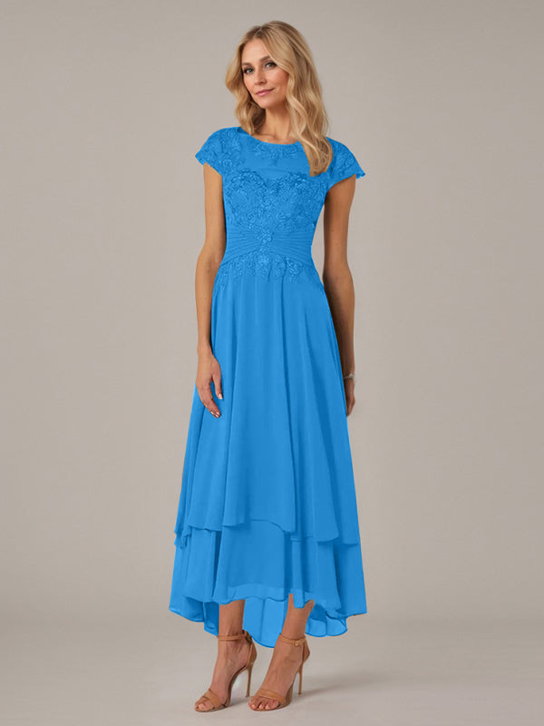 Vestido de madre de la novia de gasa asimétrica con escote barco, ilusión, corte A y encaje con pliegues y apliques