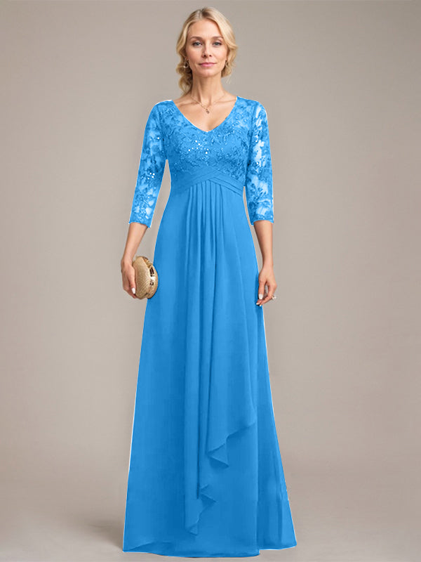 A-Linie, V-Ausschnitt, bodenlanges Chiffon-Kleid für die Brautmutter mit kaskadierenden Rüschen und Pailletten