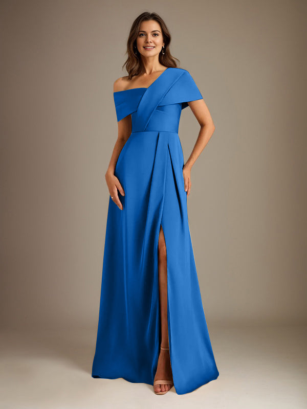 Vestido de madre de la novia de satén con escote asimétrico en forma de A y largo hasta el suelo con pliegues