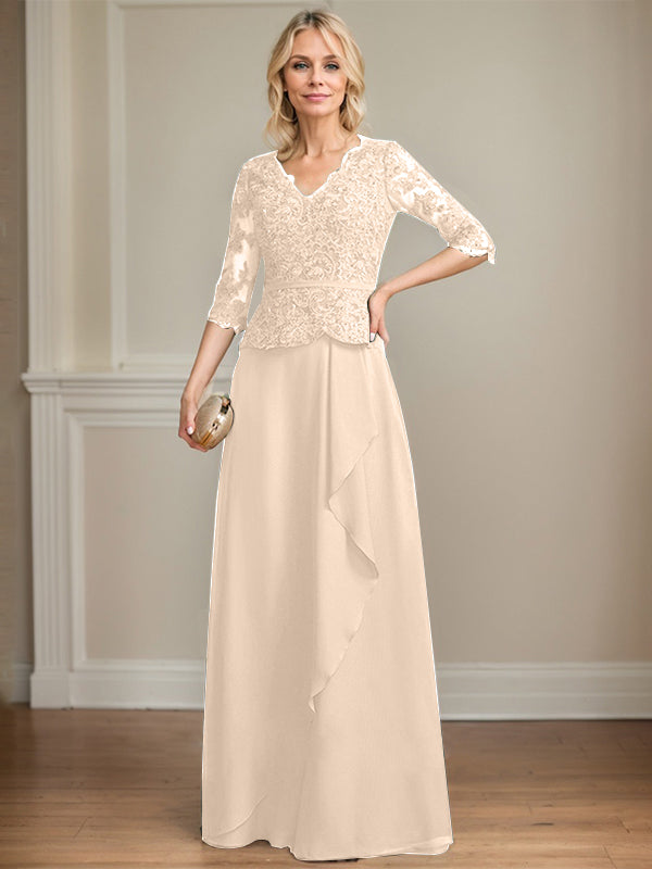 A-Linie, V-Ausschnitt, bodenlanges Chiffon-Kleid für die Brautmutter mit kaskadierenden Rüschen und Pailletten