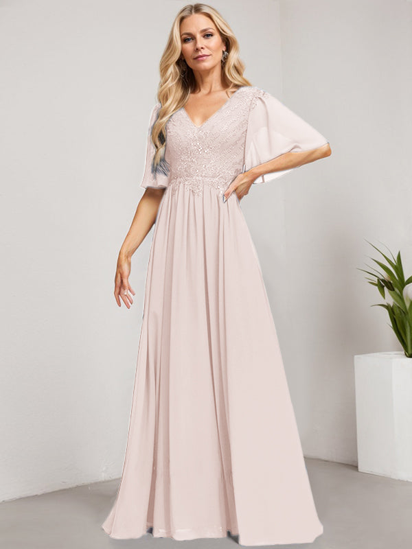 A-Linie V-Ausschnitt Bodenlanges Spitzen-Chiffon-Kleid für die Brautmutter mit Pailletten