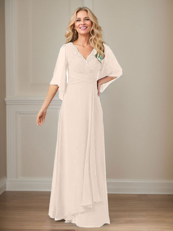 A-Linie V-Ausschnitt Lange Pailletten Chiffon Mutterkleid