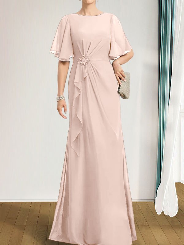 Vestido de gasa para madre de la novia, corte A, escote redondo, largo hasta el suelo, con volantes en cascada, cuentas y lentejuelas