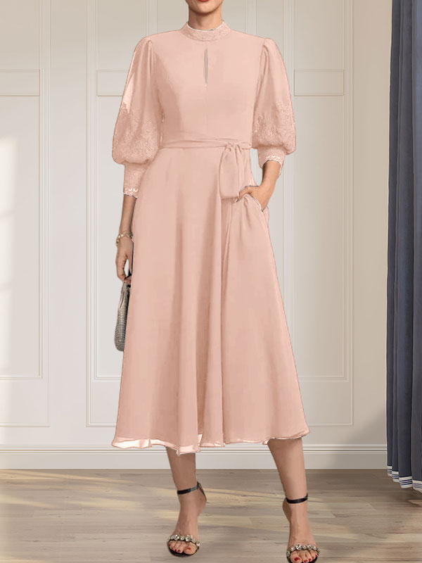 Vestido de gasa con encaje, cuello alto, largo hasta la rodilla, para madre de la novia con lazo
