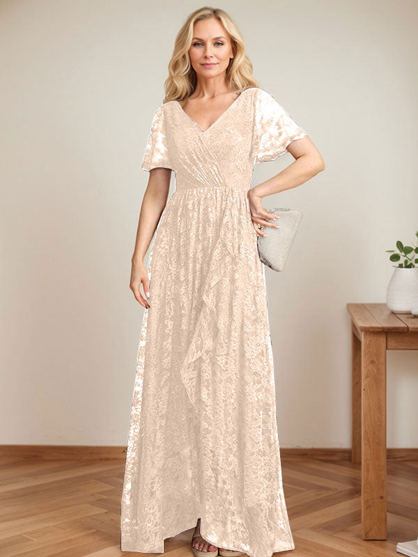 A-Linien-Kleid mit V-Ausschnitt, asymmetrischer Spitze für die Brautmutter mit kaskadierenden Rüschen