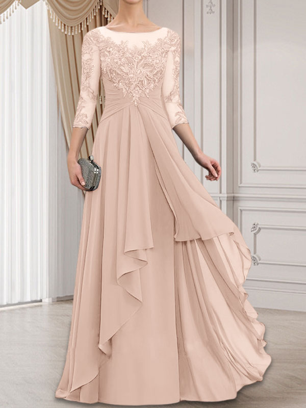Vestido de gasa con encaje, corte A, escote ilusión, largo hasta el suelo, para madre de la novia con volantes en cascada