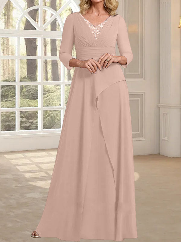 A-Linie, V-Ausschnitt, bodenlanges Chiffonkleid für die Brautmutter mit plissierter Perlenstickerei