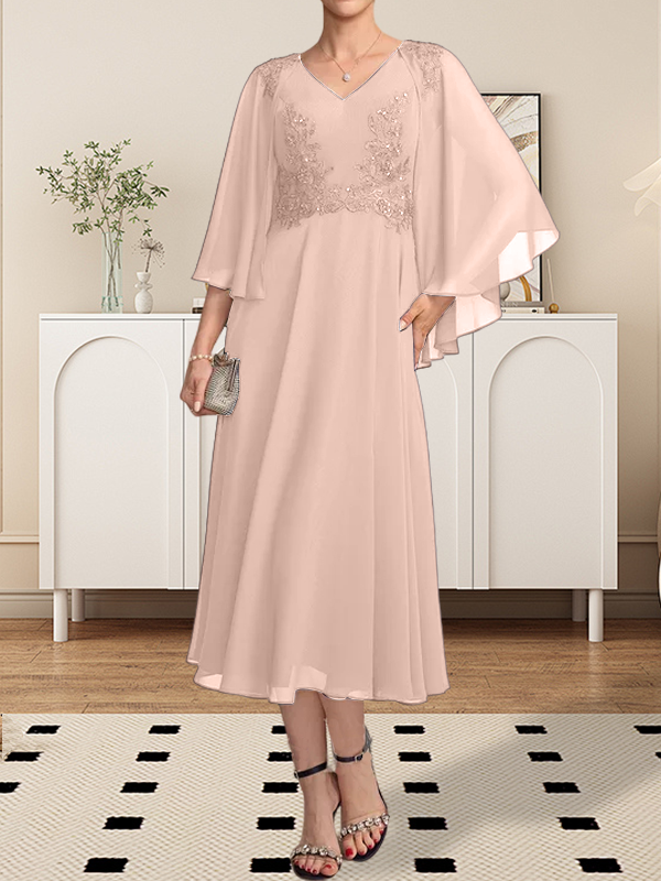 A-Linie, V-Ausschnitt, knielang, Chiffon, Spitze, Kleid für die Brautmutter mit Perlen und Pailletten