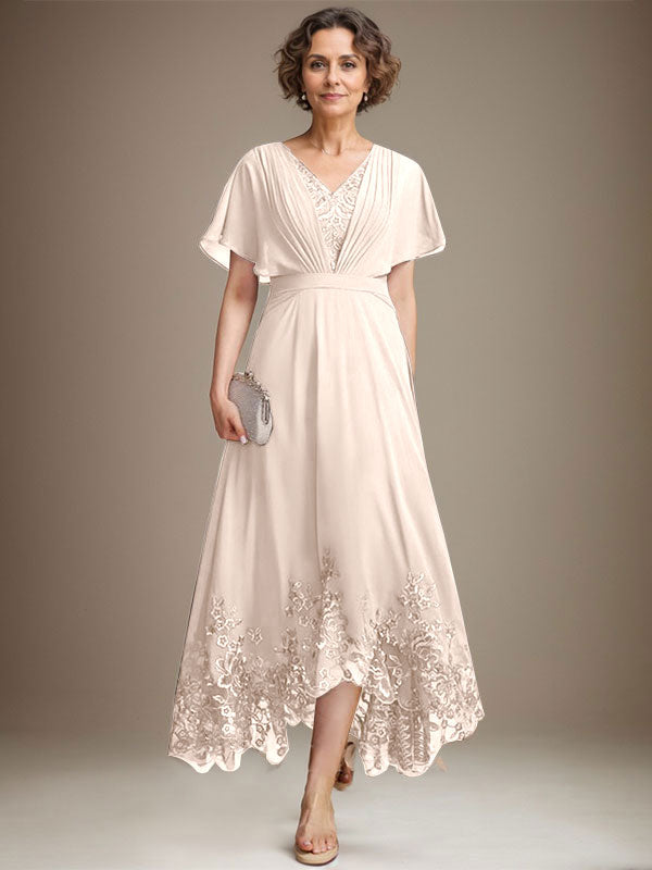A-Linie V-Ausschnitt Asymmetrisches Spitzen-Chiffon-Kleid für die Brautmutter mit Plissee