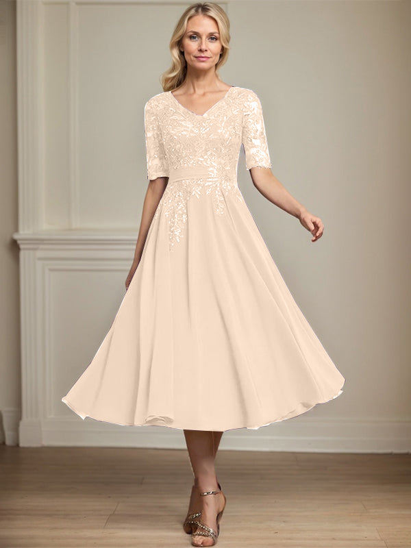 A-Linie V-Ausschnitt Wadenlanges Spitzen-Chiffon-Kleid für die Brautmutter mit Pailletten