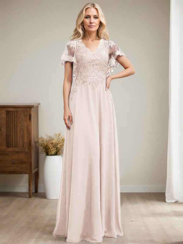 A-Linie V-Ausschnitt Bodenlanges Spitzen-Chiffon-Kleid für die Brautmutter mit Pailletten