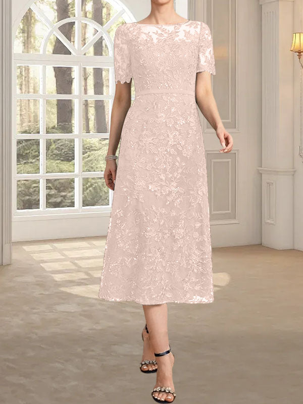 A-line Scoop Illusion Tea-Length Lace Mother of the Bride Dress With Sequins