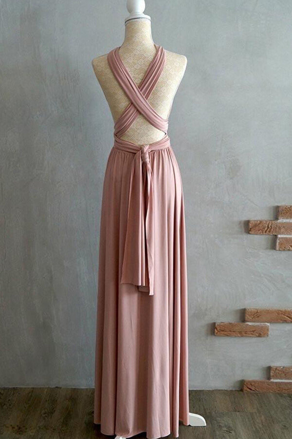 Blush Spandex A-Linie Criss-Cross-Träger Bodenlang Brautjungfernkleider