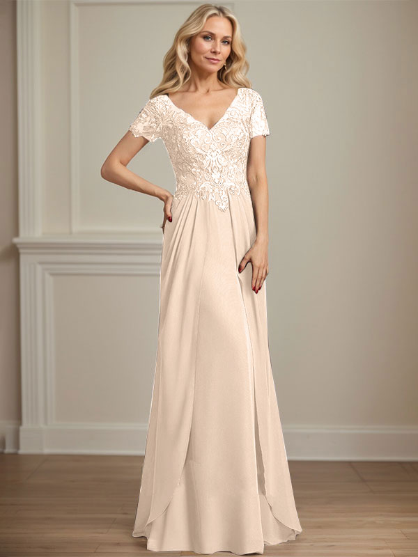A-Linie V-Ausschnitt Bodenlanges Chiffon-Spitzenkleid für die Brautmutter