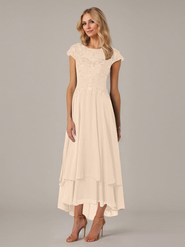Vestido de madre de la novia de gasa asimétrica con escote barco, ilusión, corte A y encaje con pliegues y apliques