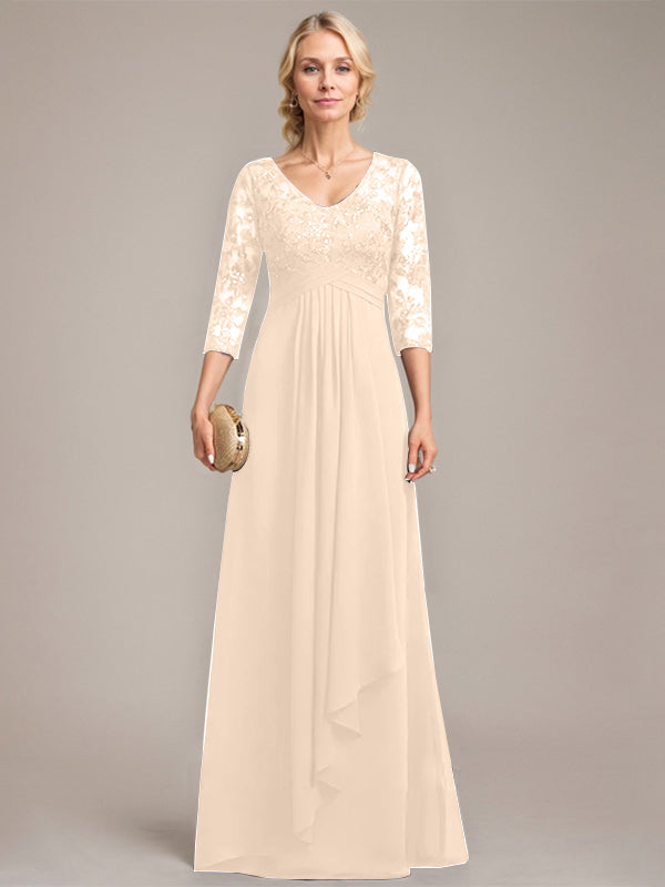 A-Linie, V-Ausschnitt, bodenlanges Chiffon-Kleid für die Brautmutter mit kaskadierenden Rüschen und Pailletten