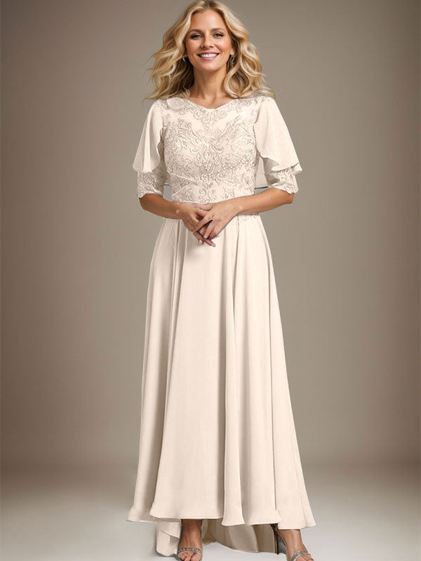 Vestido de madre de la novia de gasa asimétrica con encaje, ilusión, corte A y escote redondo con cuentas