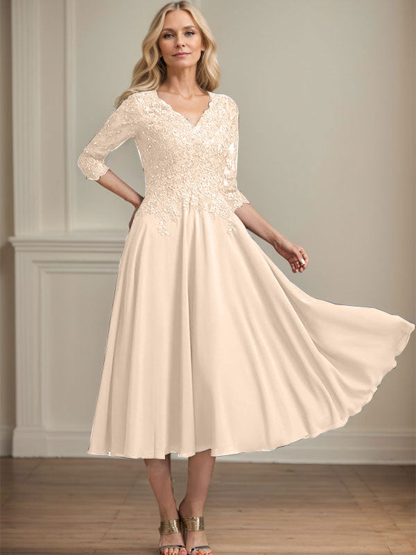 A-Linie, V-Ausschnitt, knielang, Chiffon, Spitze, Kleid für die Brautmutter mit Perlen und Pailletten