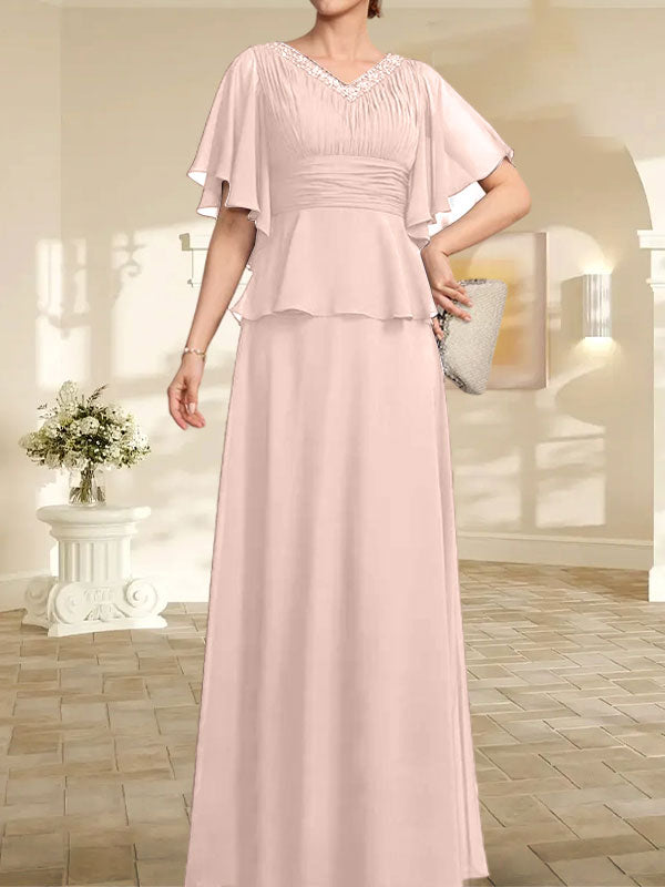 A-Linie, V-Ausschnitt, bodenlanges Chiffonkleid für die Brautmutter mit plissierter Perlenstickerei