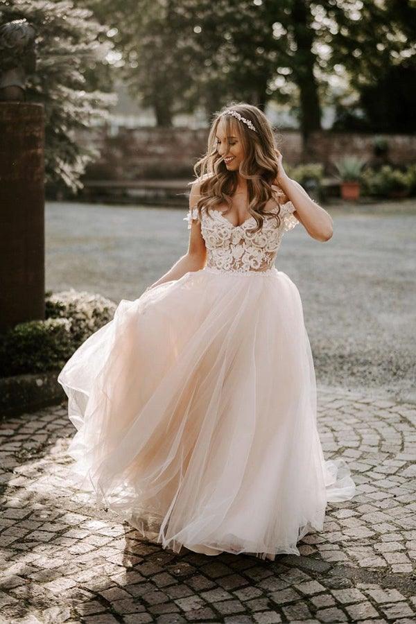A-line Boho Champagne Off The Shoulder Wedding Dress Bridal Gown