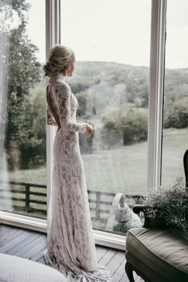 Boho High Neckline Long Sleeves Lace Wedding Dresses Rustic Wedding