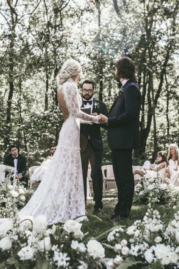 Boho High Neckline Long Sleeves Lace Wedding Dresses Rustic Wedding