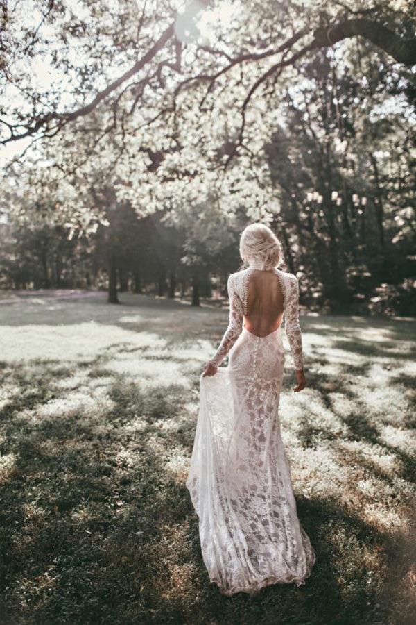 Boho High Neckline Long Sleeves Lace Wedding Dresses Rustic Wedding
