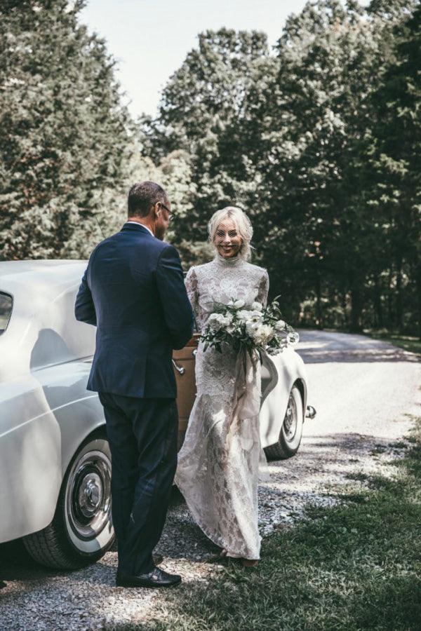 Boho High Neckline Long Sleeves Lace Wedding Dresses Rustic Wedding