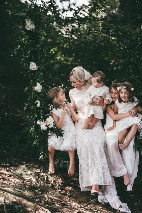 Boho High Neckline Long Sleeves Lace Wedding Dresses Rustic Wedding