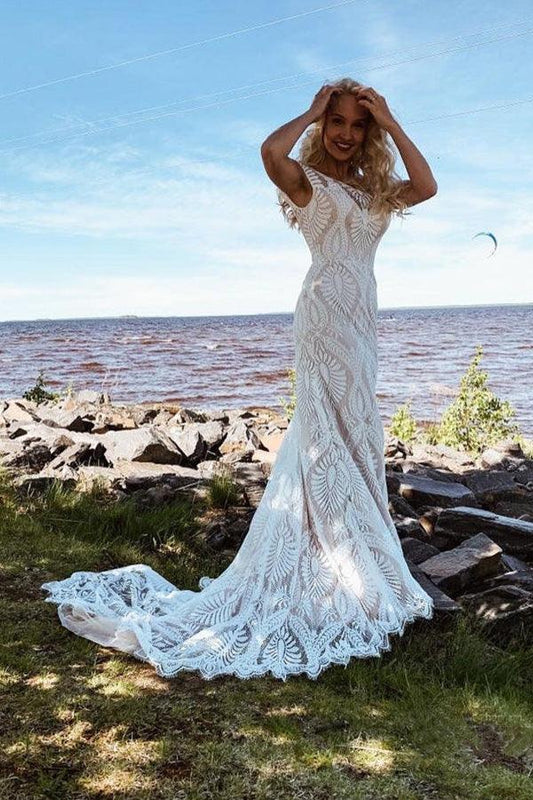 Boho Lace Sheath Sweep Train Sheath Beach Wedding Dresses