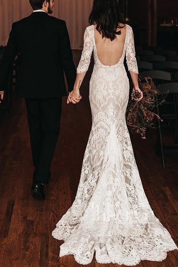 Boho Lace V Neck Mermaid Wedding Dresses With Court train