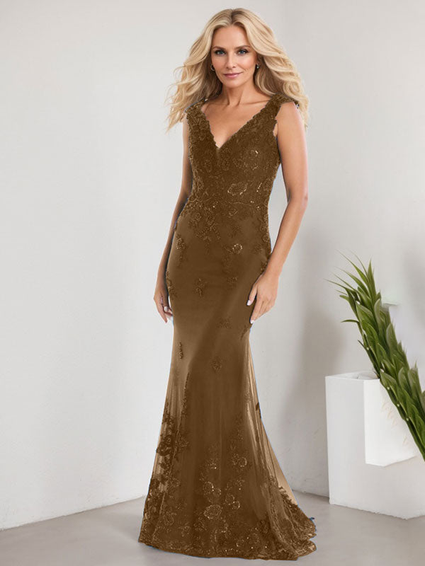 A-Linie V-Ausschnitt Bodenlang Spitze Chiffon Mutter der Braut Kleid Mit Applikation Pailletten Meerjungfrau Kleider