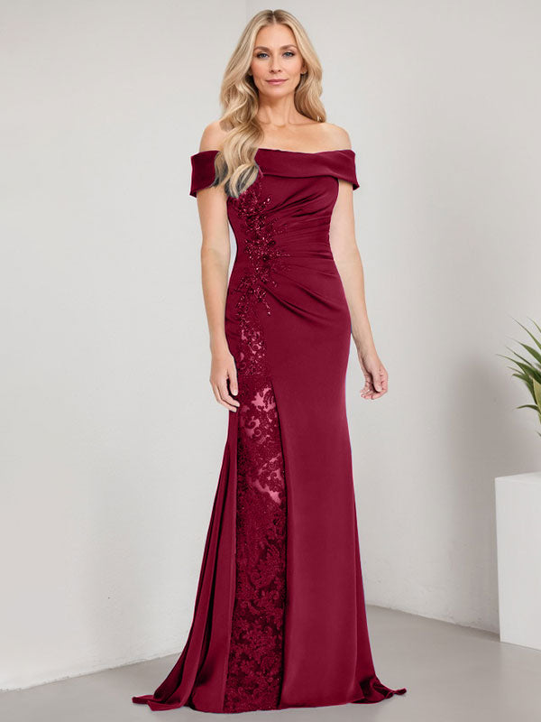 Vestido de sirena con hombros descubiertos, largo hasta el suelo, para madre de la novia, con apliques y cuentas, y abertura alta