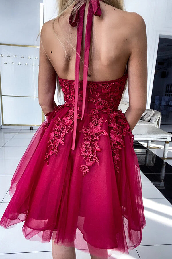Burgundy Tulle Lace Appliques Halter Homecoming Dresses, Short Prom Dress