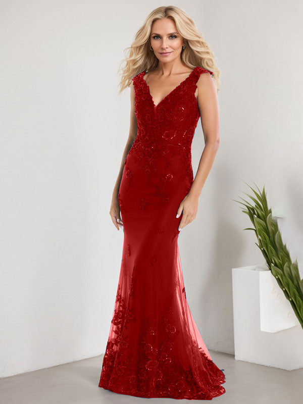 A-Linie V-Ausschnitt Bodenlang Spitze Chiffon Mutter der Braut Kleid Mit Applikation Pailletten Meerjungfrau Kleider