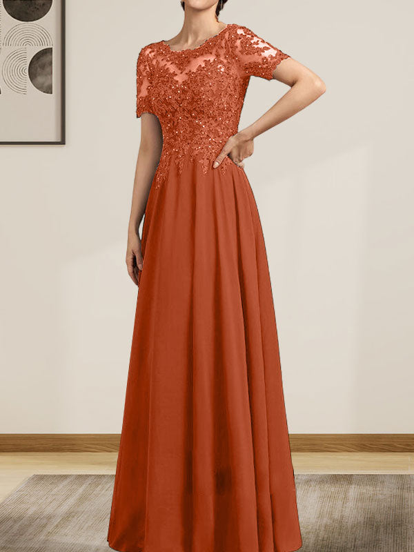 Vestido de gasa con encaje y lentejuelas para madre de la novia, largo hasta el suelo, con escote en A y ilusión