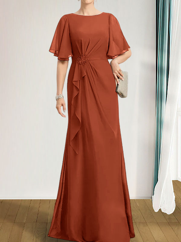 Vestido de gasa para madre de la novia, corte A, escote redondo, largo hasta el suelo, con volantes en cascada, cuentas y lentejuelas