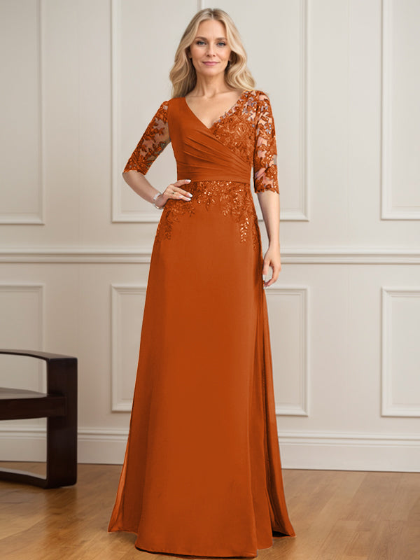 A-Linie, V-Ausschnitt, bodenlanges Spitzen-Chiffon-Kleid für die Brautmutter mit plissierten Pailletten