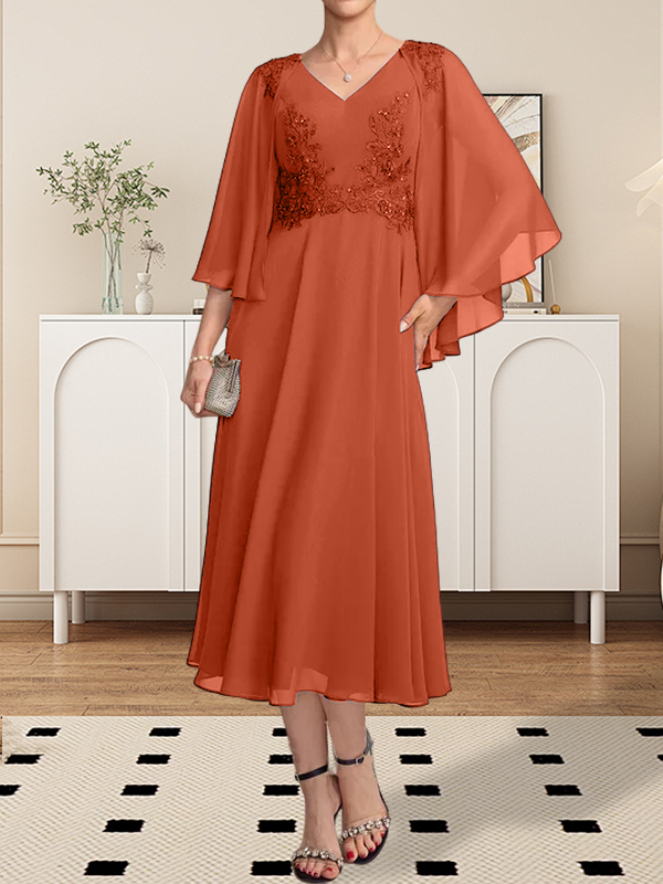 A-Linie, V-Ausschnitt, knielang, Chiffon, Spitze, Kleid für die Brautmutter mit Perlen und Pailletten