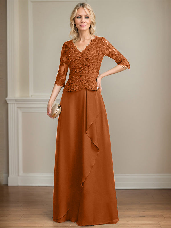 A-Linie, V-Ausschnitt, bodenlanges Chiffon-Kleid für die Brautmutter mit kaskadierenden Rüschen und Pailletten