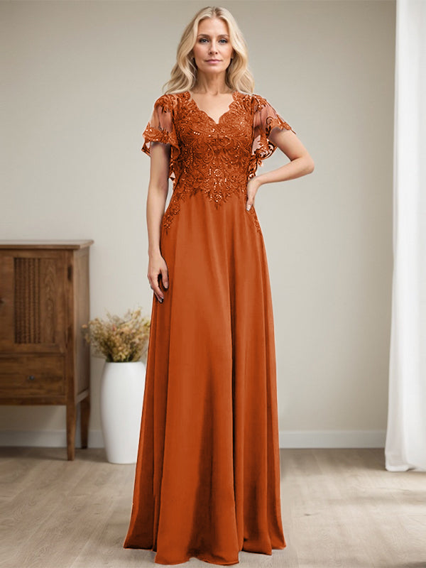 A-Linie V-Ausschnitt Bodenlanges Spitzen-Chiffon-Kleid für die Brautmutter mit Pailletten
