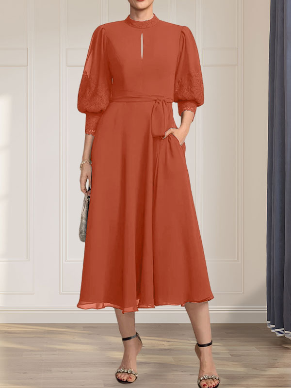 Vestido de gasa con encaje, cuello alto, largo hasta la rodilla, para madre de la novia con lazo