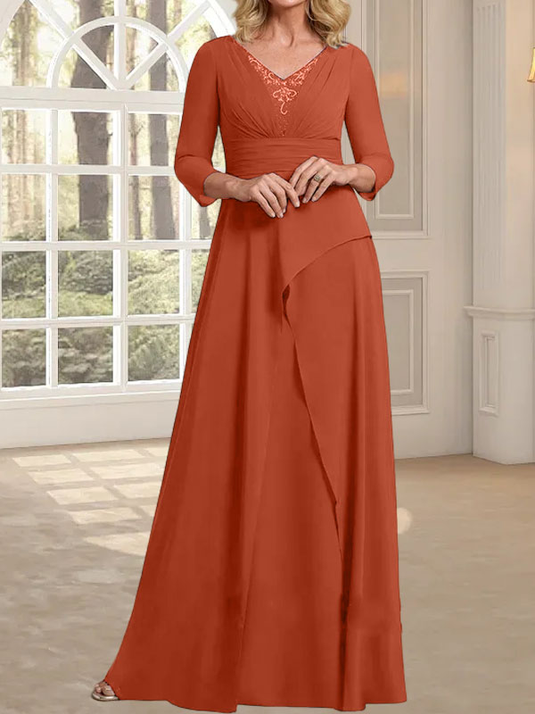 A-Linie, V-Ausschnitt, bodenlanges Chiffonkleid für die Brautmutter mit plissierter Perlenstickerei