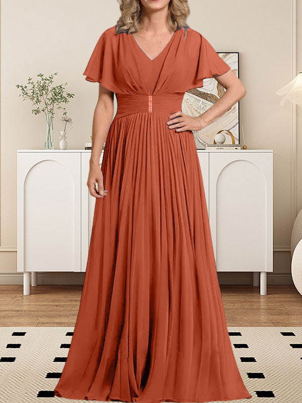 A-Linie V-Ausschnitt Bodenlang Chiffon Mutter der Braut Kleid Mit Kristall Brosche Plissee